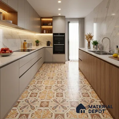 Modern Kitchen with Beige and Ochre Moroccan Pattern Floor Tile