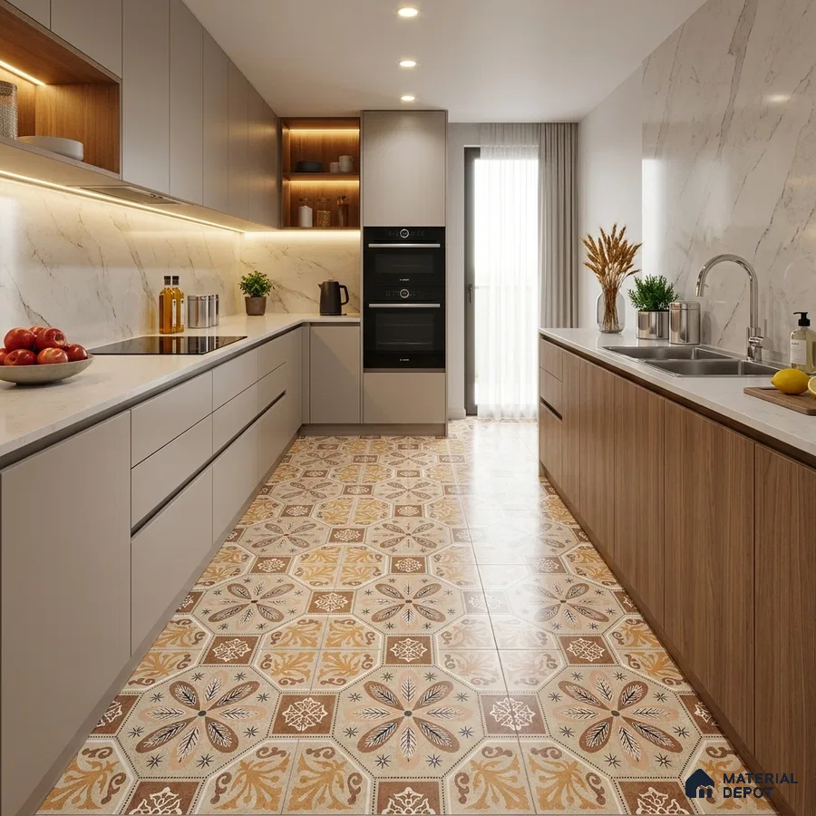 Modern Kitchen with Beige and Ochre Moroccan Pattern Floor Tile