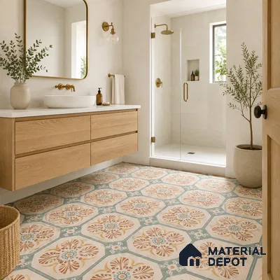 Modern Bathroom with Terracotta and Sage Green Moroccan Floral Floor Tile