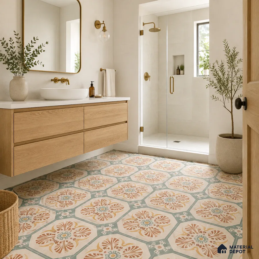 Modern Bathroom with Terracotta and Sage Green Moroccan Floral Floor Tile