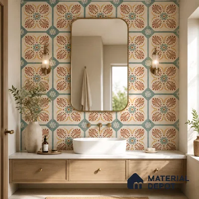 Mediterranean Bathroom with Terracotta and Sage Green Moroccan Floral Wall Tile