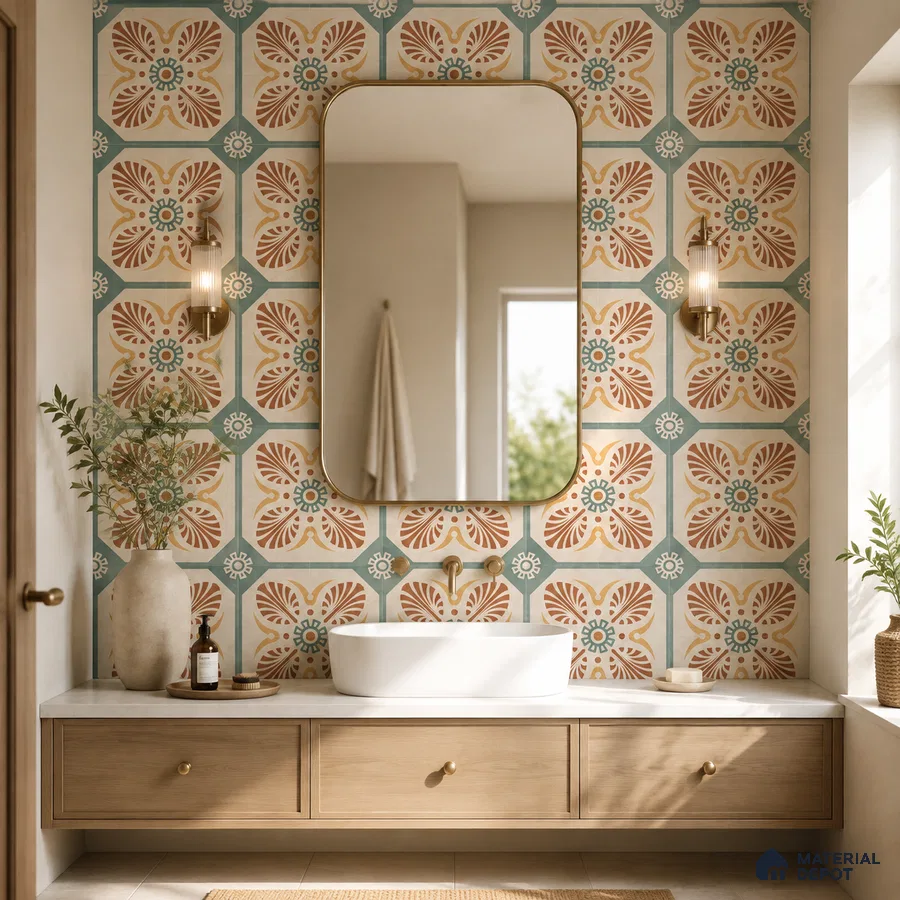 Mediterranean Bathroom with Terracotta and Sage Green Moroccan Floral Wall Tile