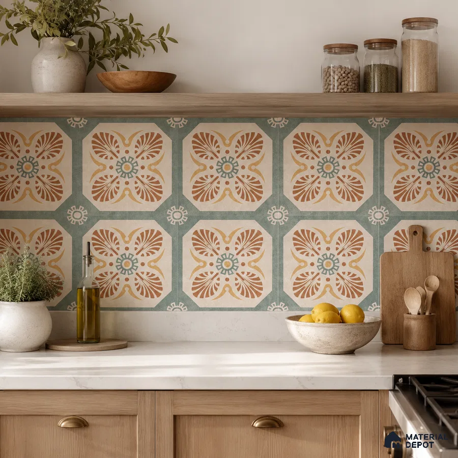 Mediterranean Kitchen with Terracotta and Sage Green Moroccan Backsplash Tile and Oak Cabinets