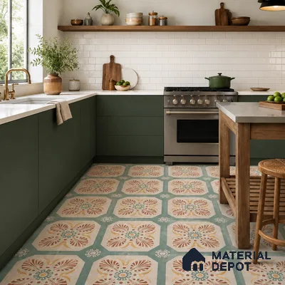 Modern Kitchen with Terracotta and Sage Green Moroccan Floral Floor Tile and Green Cabinets