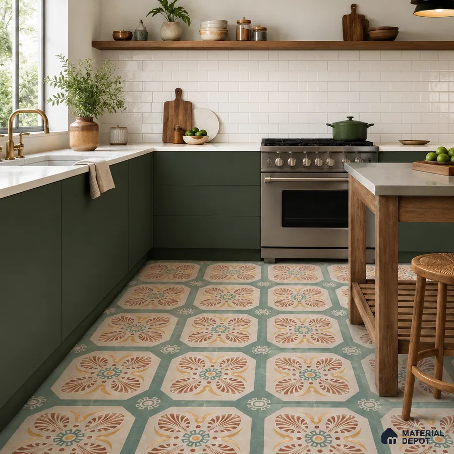 Modern Kitchen with Terracotta and Sage Green Moroccan Floral Floor Tile and Green Cabinets