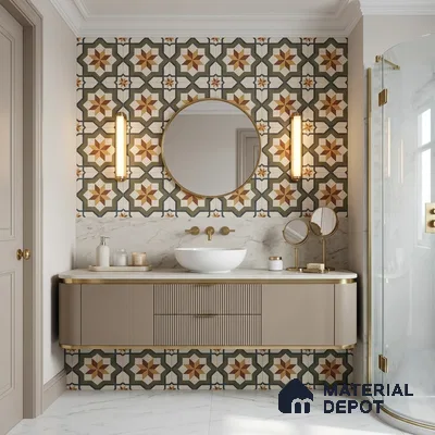 Mediterranean Bathroom with Olive Green and Terracotta Geometric Star Wall Tile and Round Mirror