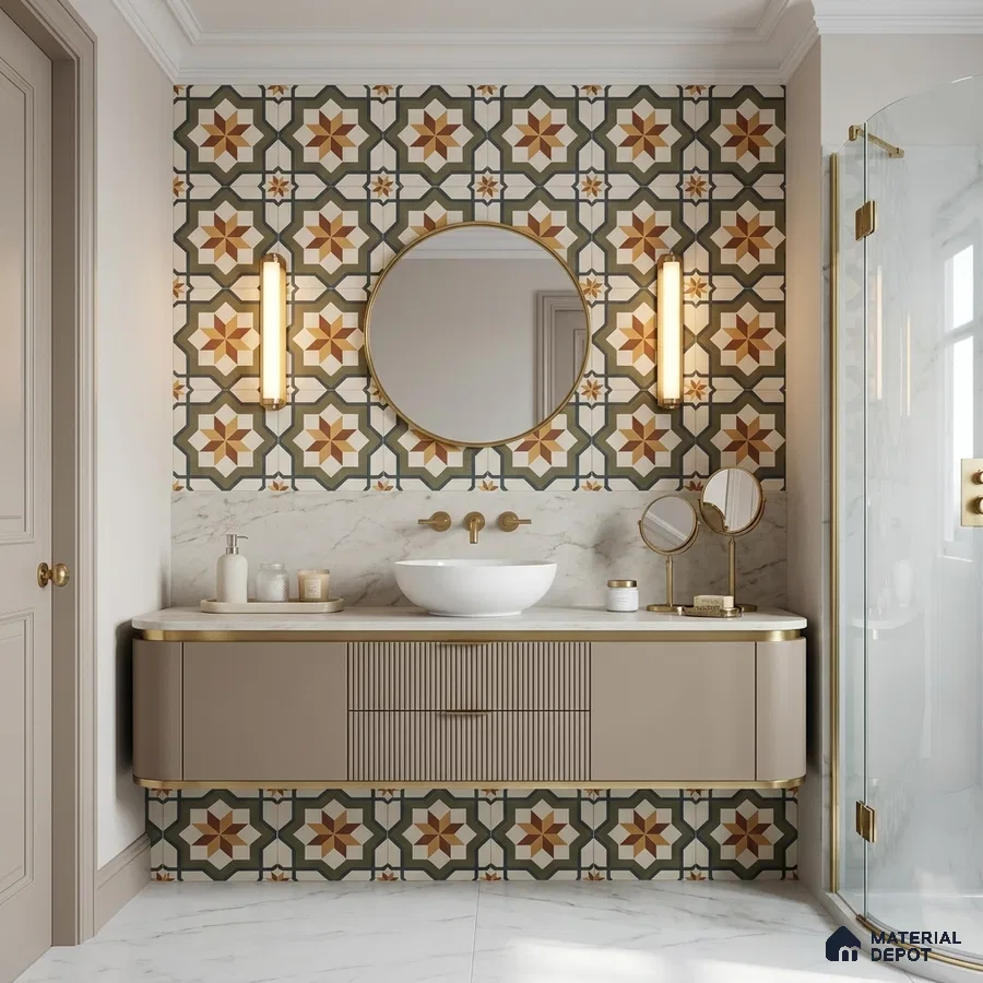 Mediterranean Bathroom with Olive Green and Terracotta Geometric Star Wall Tile and Round Mirror