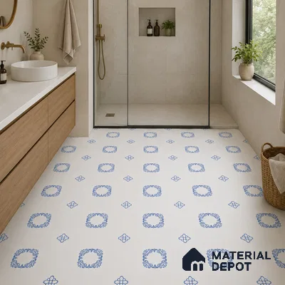 Modern Bathroom with Blue and White Floral Floor Tile