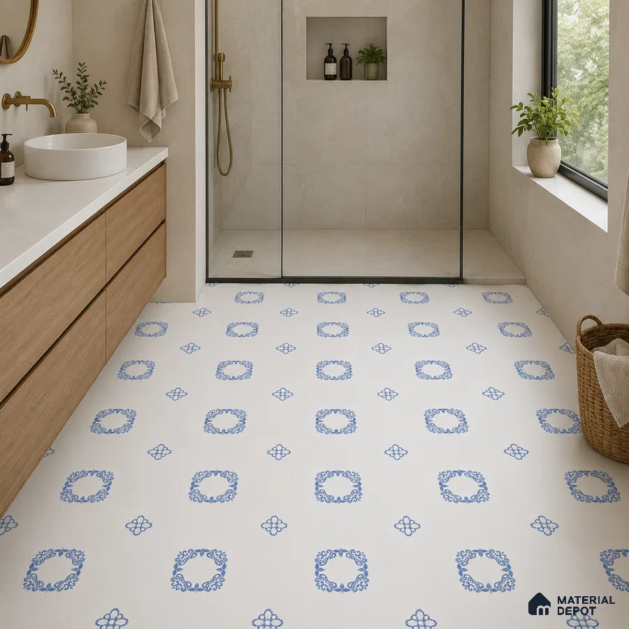 Modern Bathroom with Blue and White Floral Floor Tile
