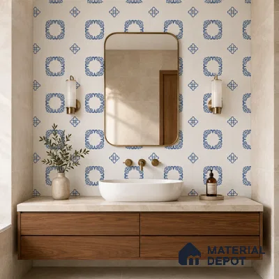Modern Bathroom with Blue and White Floral Wall Tile and Walnut Vanity