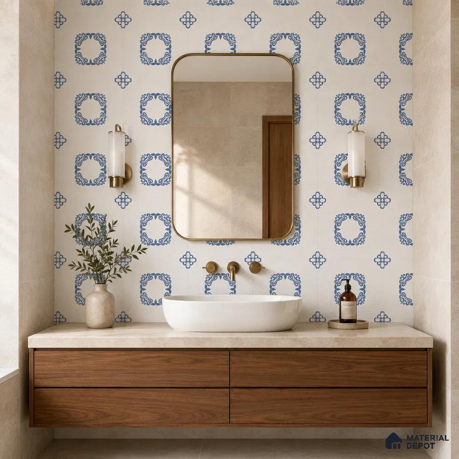 Modern Bathroom with Blue and White Floral Wall Tile and Walnut Vanity