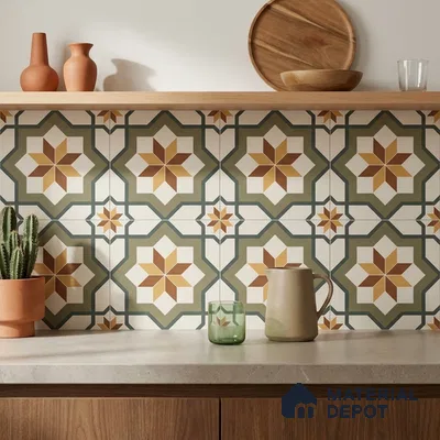 Mediterranean Kitchen with Olive Green and Terracotta Geometric Star Backsplash Tile and Walnut Cabinets