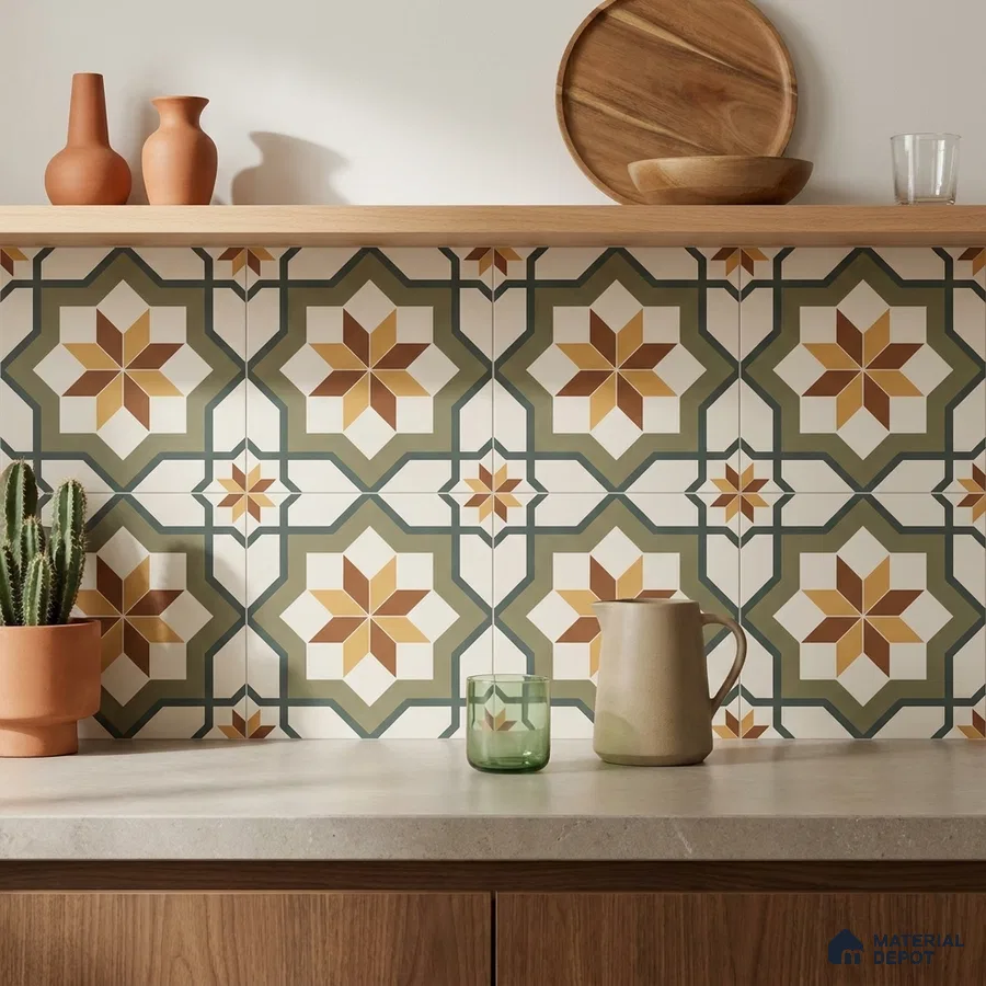 Mediterranean Kitchen with Olive Green and Terracotta Geometric Star Backsplash Tile and Walnut Cabinets