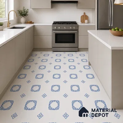 Modern Kitchen with Blue and White Floral Floor Tile