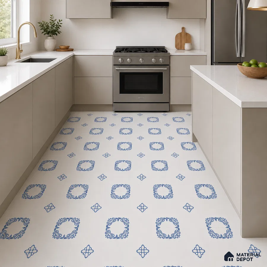 Modern Kitchen with Blue and White Floral Floor Tile
