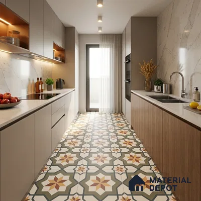 Modern Kitchen with Olive Green and Terracotta Geometric Star Floor Tile