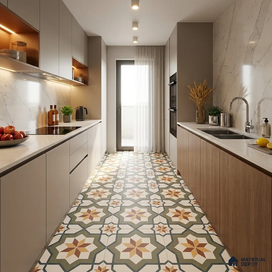 Modern Kitchen with Olive Green and Terracotta Geometric Star Floor Tile