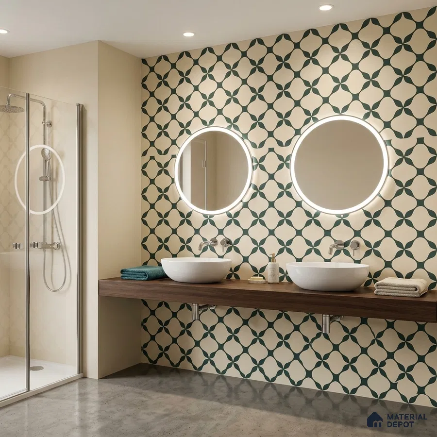 Modern Bathroom with Cream and Green Geometric Feature Wall Tile and Walnut Vanity