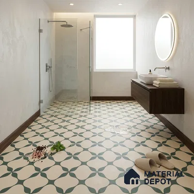 Modern Bathroom with Cream and Green Geometric Pattern Floor Tile