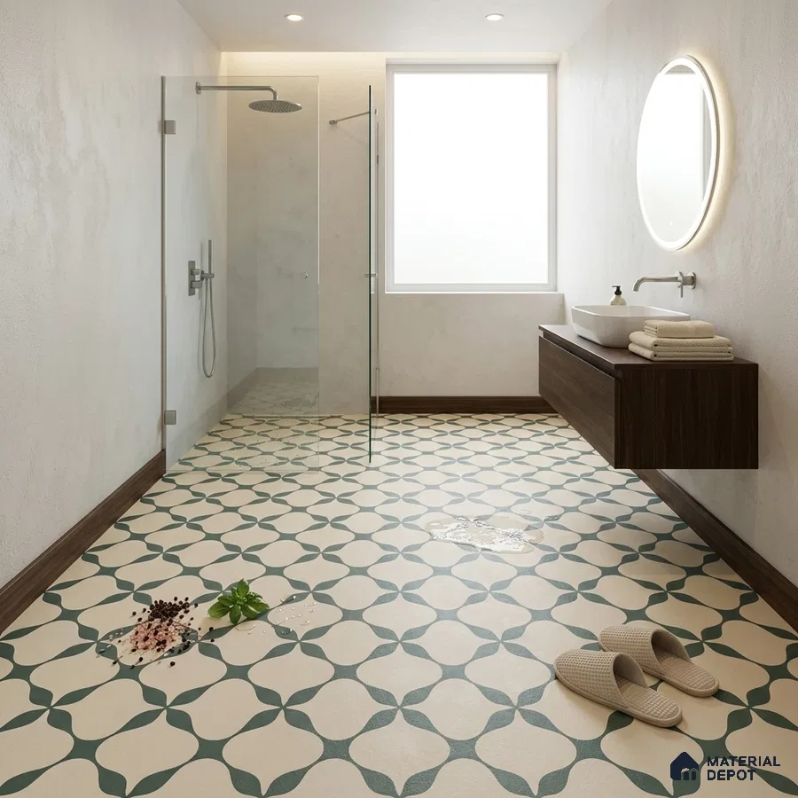 Modern Bathroom with Cream and Green Geometric Pattern Floor Tile
