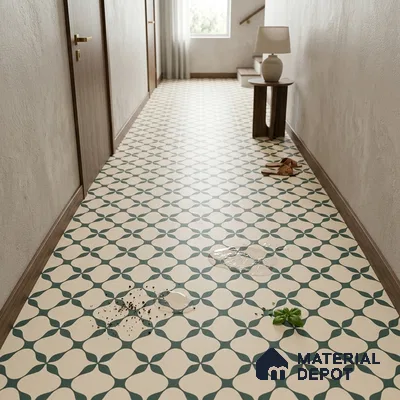 Modern Foyer with Cream and Green Geometric Pattern Floor Tile