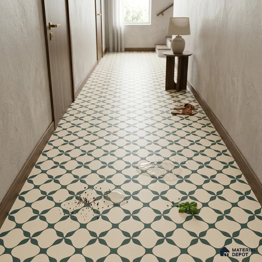 Modern Foyer with Cream and Green Geometric Pattern Floor Tile
