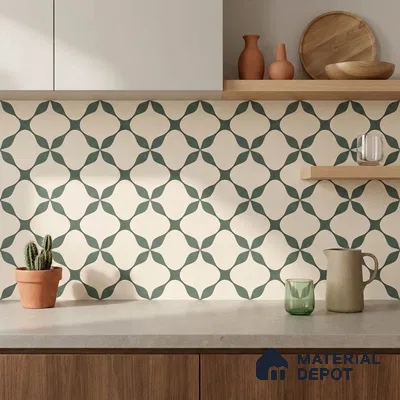 Modern Kitchen with Cream and Green Geometric Backsplash Tile and Walnut Cabinets