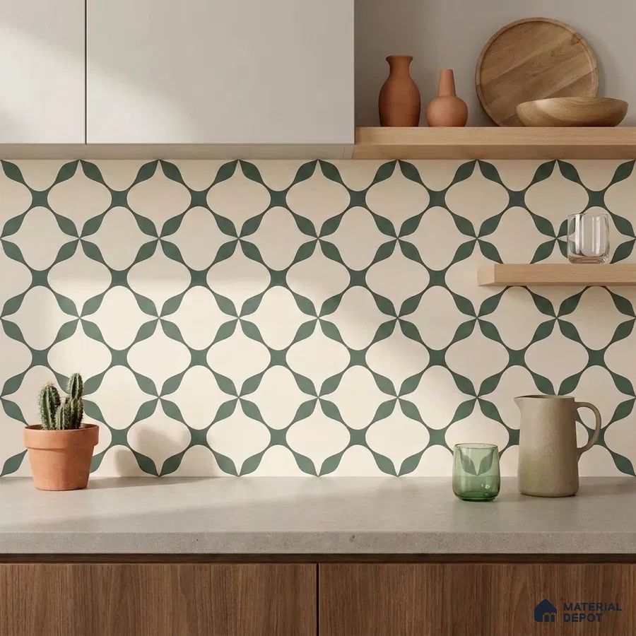 Modern Kitchen with Cream and Green Geometric Backsplash Tile and Walnut Cabinets