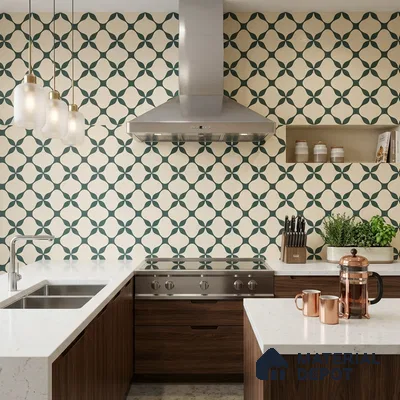 Modern Kitchen with Cream and Green Geometric Backsplash Tile and Walnut Cabinets