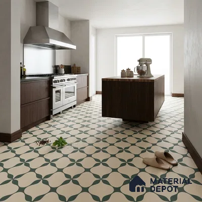 Modern Kitchen with Cream and Green Geometric Pattern Floor Tile and Walnut Cabinets