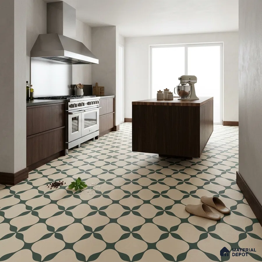 Modern Kitchen with Cream and Green Geometric Pattern Floor Tile and Walnut Cabinets