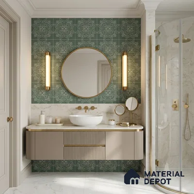 Modern Bathroom with Green and White Floral Feature Wall Tile and Brass Fixtures