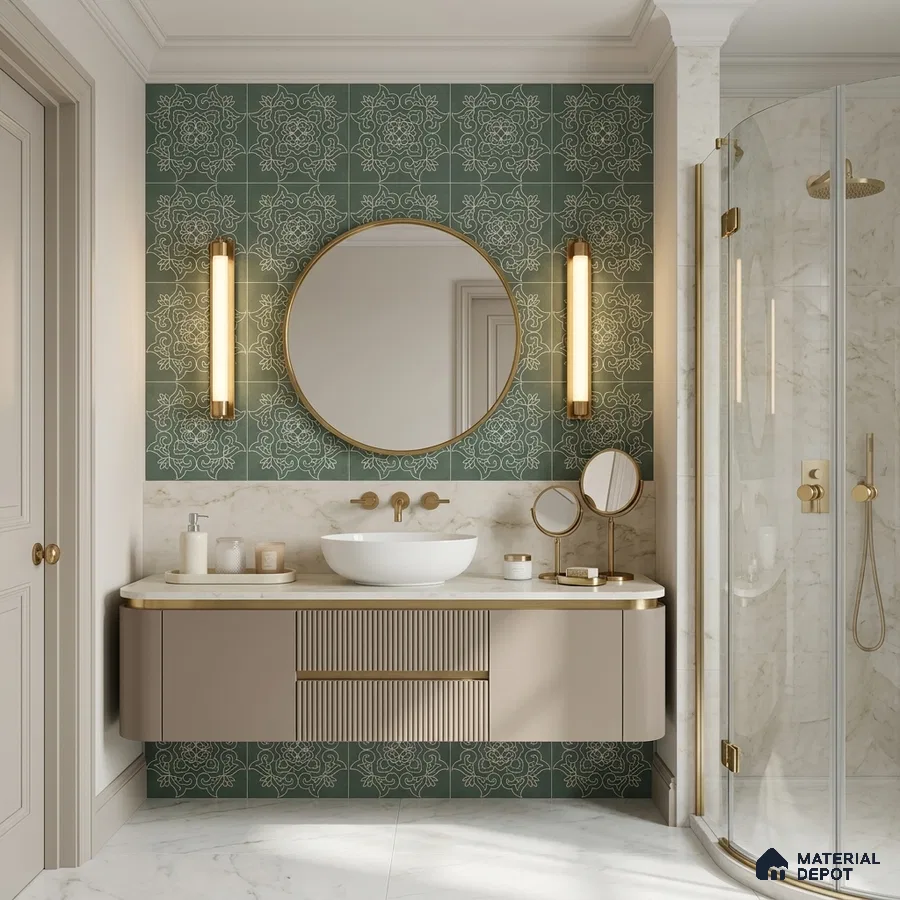 Modern Bathroom with Green and White Floral Feature Wall Tile and Brass Fixtures