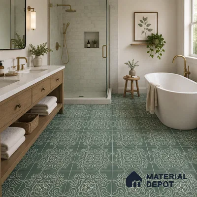 Modern Bathroom with Green and White Floral Pattern Floor Tile