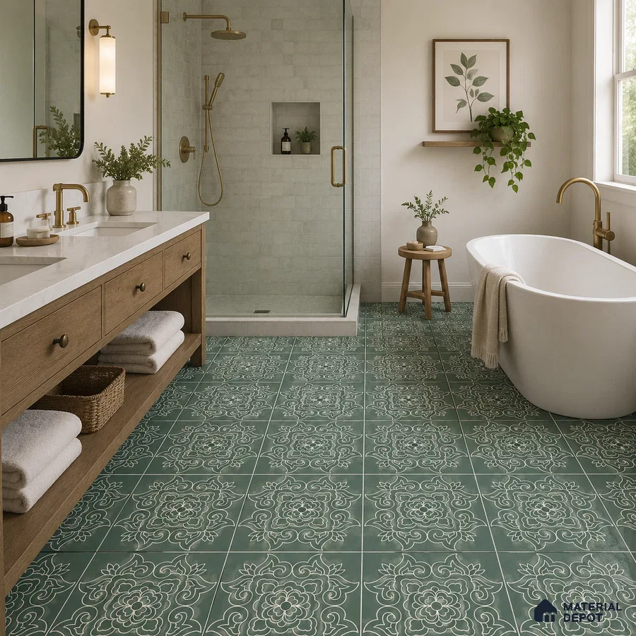 Modern Bathroom with Green and White Floral Pattern Floor Tile