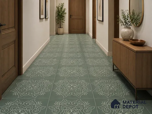 Modern Foyer with Green and White Floral Pattern Floor Tile