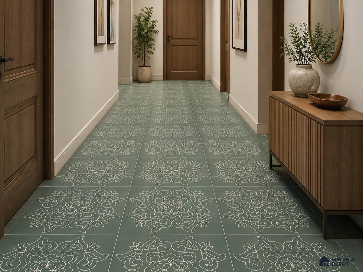 Modern Foyer with Green and White Floral Pattern Floor Tile