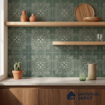 Modern Kitchen with Green and White Floral Backsplash Tile and Oak Cabinets