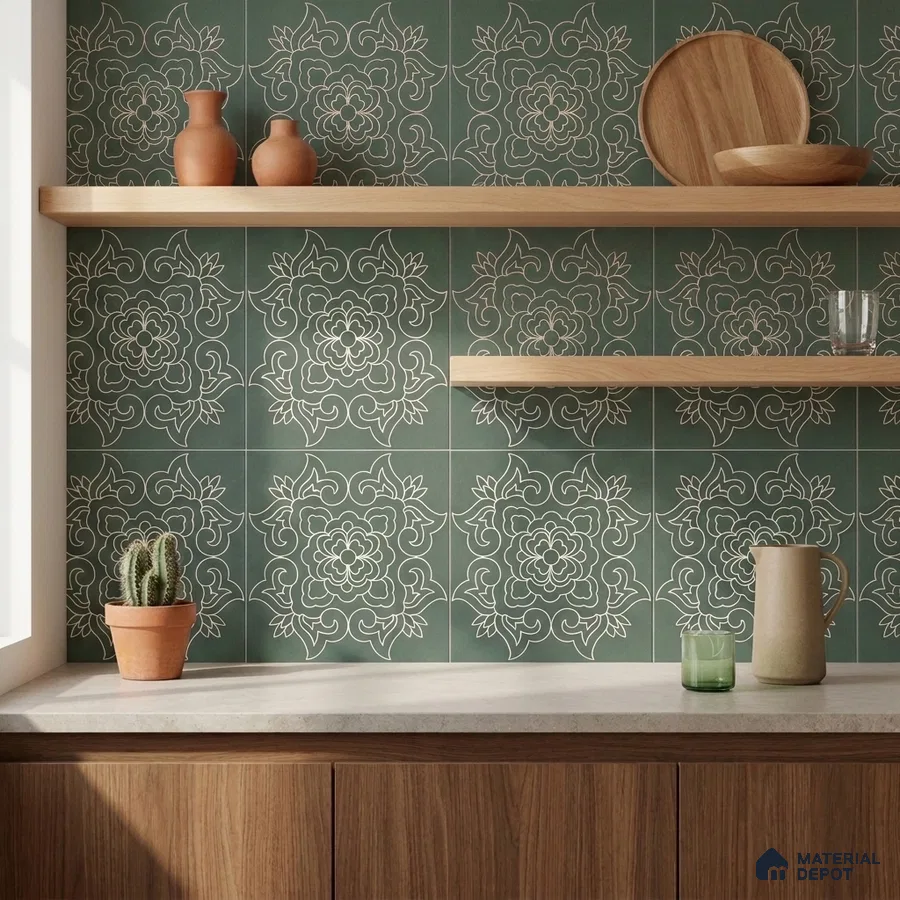 Modern Kitchen with Green and White Floral Backsplash Tile and Oak Cabinets