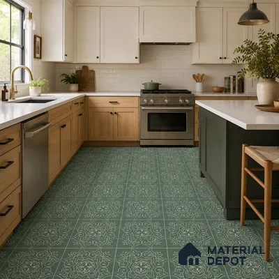 Modern Kitchen with Green and White Floral Pattern Floor Tile and Oak Cabinets