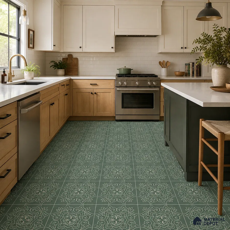 Modern Kitchen with Green and White Floral Pattern Floor Tile and Oak Cabinets