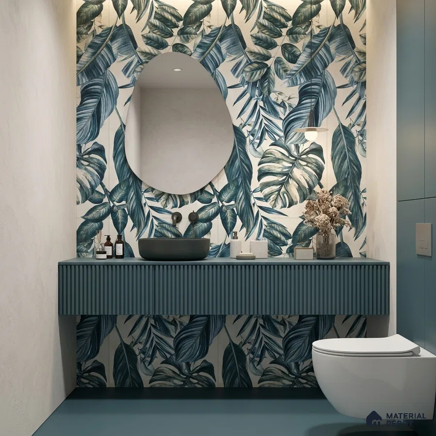 Modern bathroom with tropical leaf highlighter wall tile and teal fluted vanity laminate