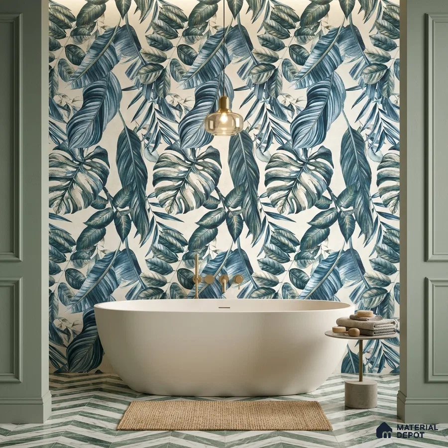 Modern bathroom with tropical leaf tile and chevron green-and-white floor tile