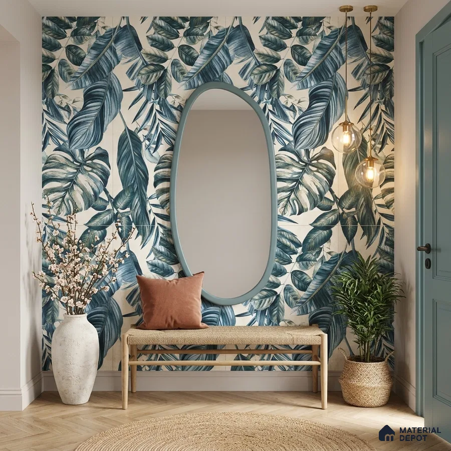 Modern foyer with tropical tile, natural wood bench, and herringbone wooden flooring