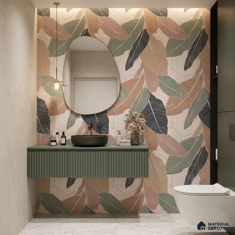 Modern bathroom with pastel tropical leaf tile, sage green fluted vanity, and white marble floor tile