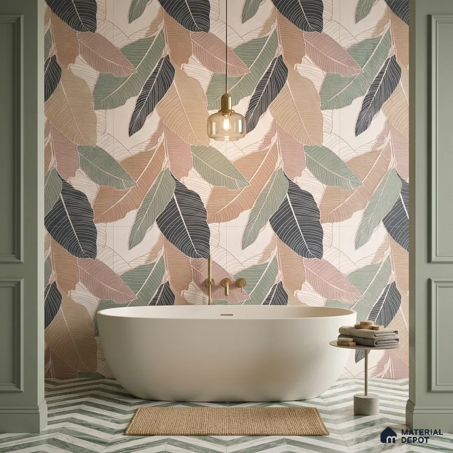 Modern bathroom with tropical leaf patterned wall tiles and chevron marble floor tiles