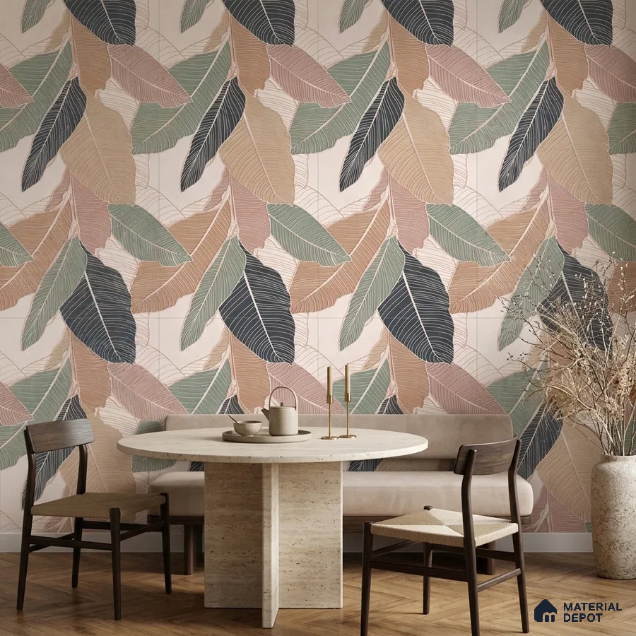 Scandinavian dining room with pastel tropical tile and travertine dining table