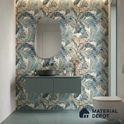 Modern bathroom with tropical floral highlighter wall tile and teal fluted vanity
