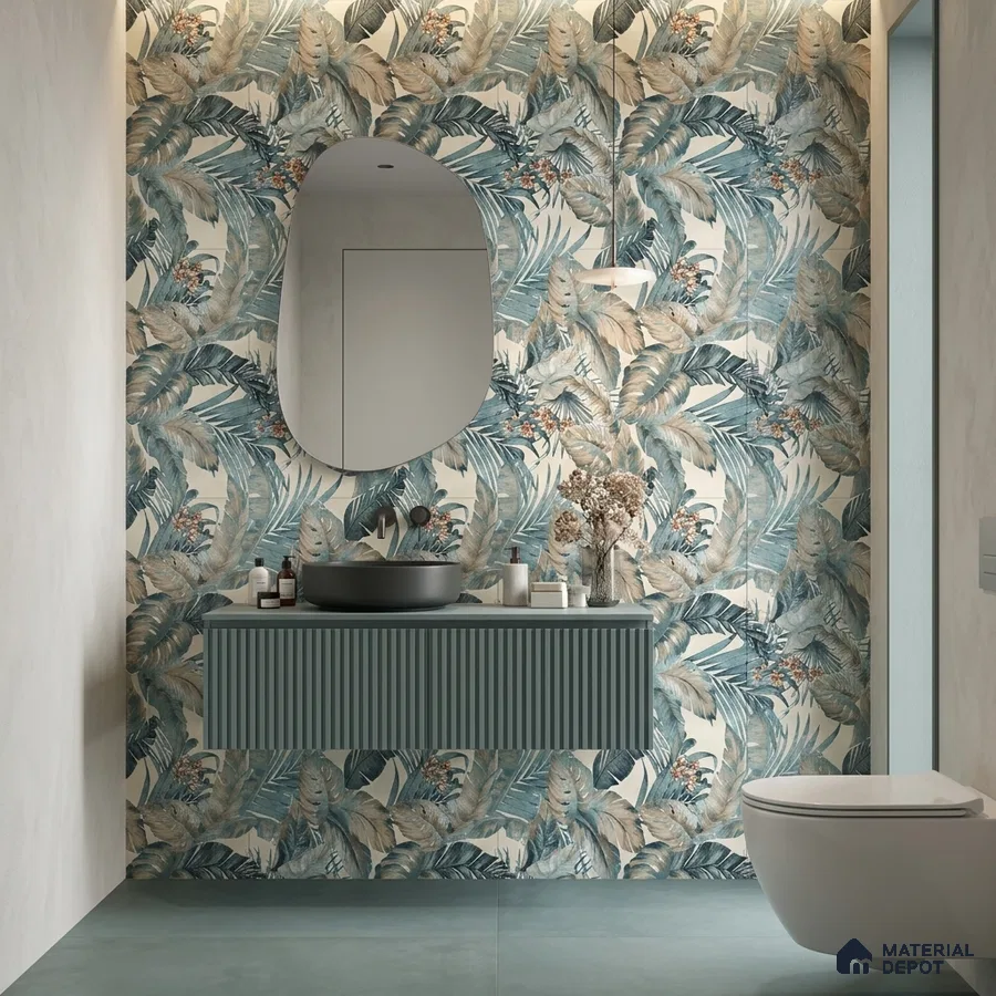 Modern bathroom with tropical floral highlighter wall tile and teal fluted vanity