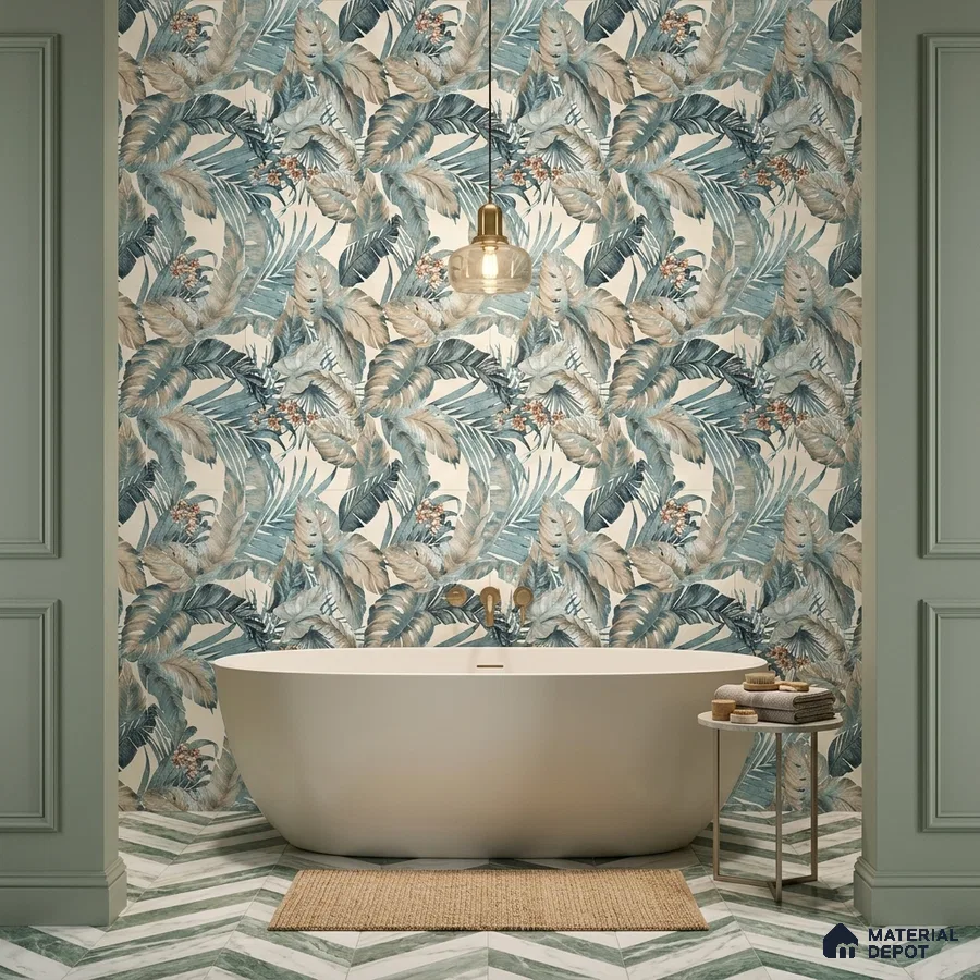 Modern bathroom with tropical floral wall tiles and chevron marble-look floor tiles